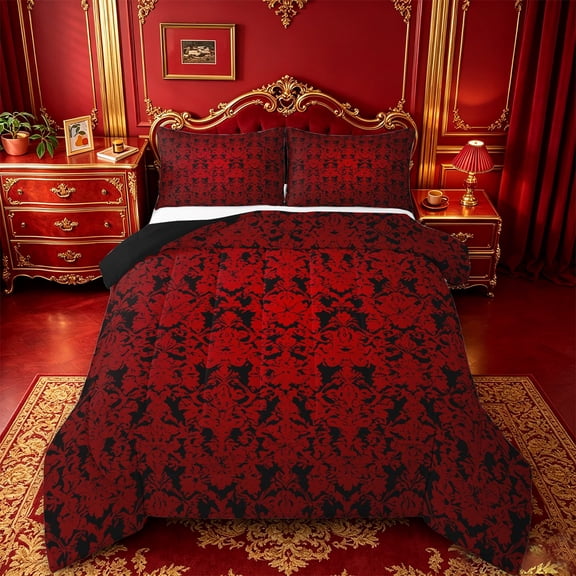 jejeloiu Western Vintage Damask Queen Comforter Set,Retro Print Comforter Sets Queen For Adults,Red Black,Black Reversible,3 Pieces,1 Comforter and 2 Pillowcases