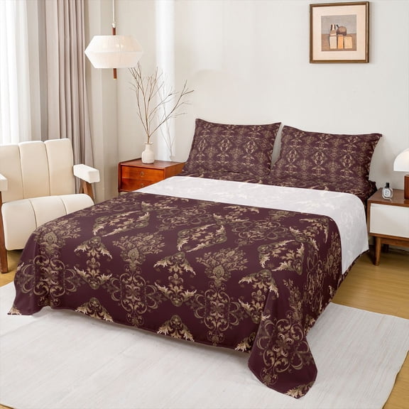 jejeloiu Western Vintage Damask Queen Sheets,Baroque Pattern Queen Sheet Sets For Adults,Maroon Gold,4 Pieces,1 Flat Sheet, 1 Fitted Sheet and 2 Pillowcases