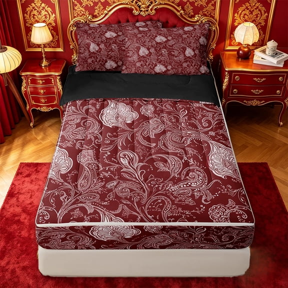 jejeloiu Western Vintage Paisley Zipper Twin Comforter Sets with Fitted Sheet and 2 Pillowcases,Rustic Pattern Zipper Bedding Set For Adults,Red White,Black Reversible,4-Piece
