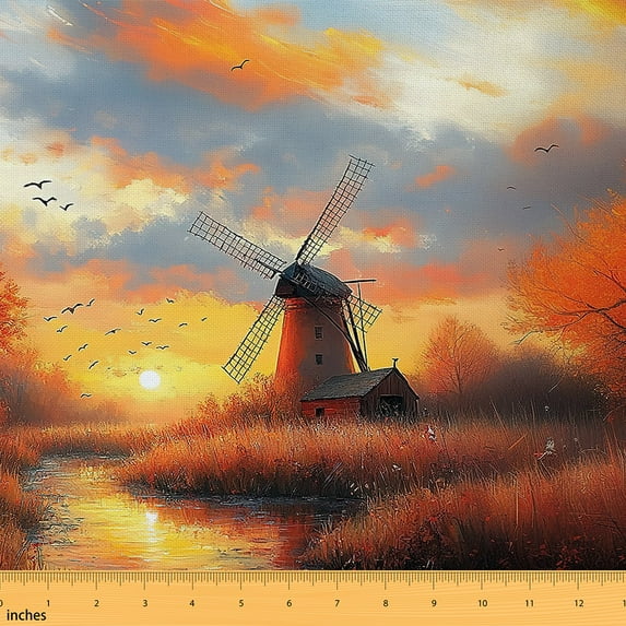 jejeloiu Western Windmill Fabric by the Yard 3 Yards,Orange Sunset Sewing Fabric,Rustic Farmhouse Lodge Fabric for Sewing For Girls Boys,Ultra Soft Home Decor