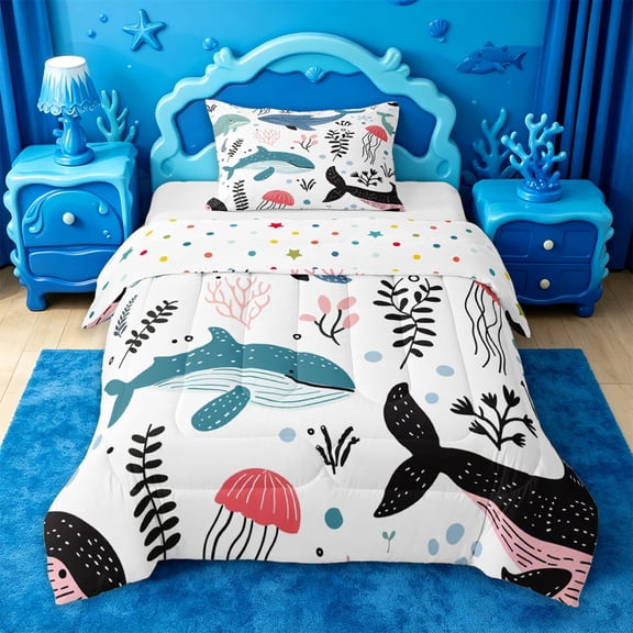 jejeloiu Whale Jellyfish Ocean Pattern Twin Comforter Sets Kids,Sea Animal Print Bedding Set,Reversible,2pcs