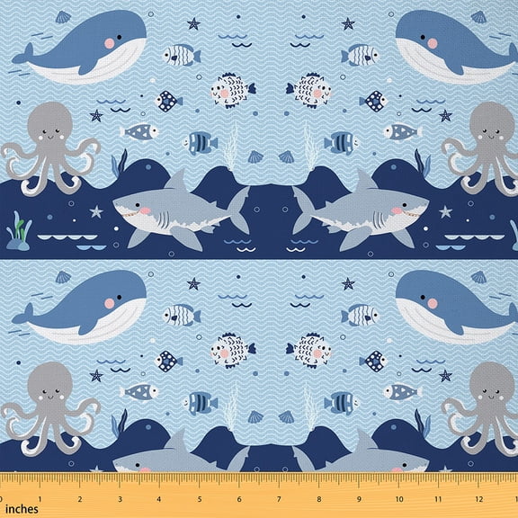 jejeloiu Whale Octopus Shark Fabric by the Yard 3 Yards,Underocean Animal Sewing Fabric,Watercolor Underwater World Fabric for Sewing For Children,Luxury Bedroom Decor