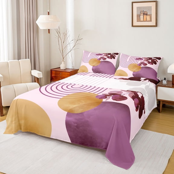 jejeloiu Whimsical Abstract Queen Sheets For Men Women,Artistic Print Queen Sheet Sets,Pink Purple,4pcs,1 Flat Sheet, 1 Fitted Sheet and 2 Pillowcases