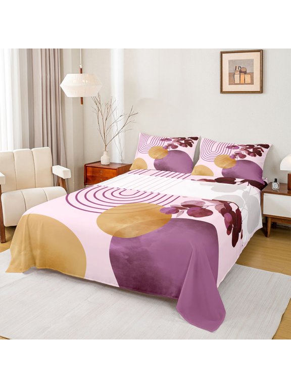 Whimsical Abstract Queen Sheets For Men Women,Artistic Print Queen Sheet Sets,Pink Purple,4pcs,1 Flat Sheet, 1 Fitted Sheet and 2 Pillowcases