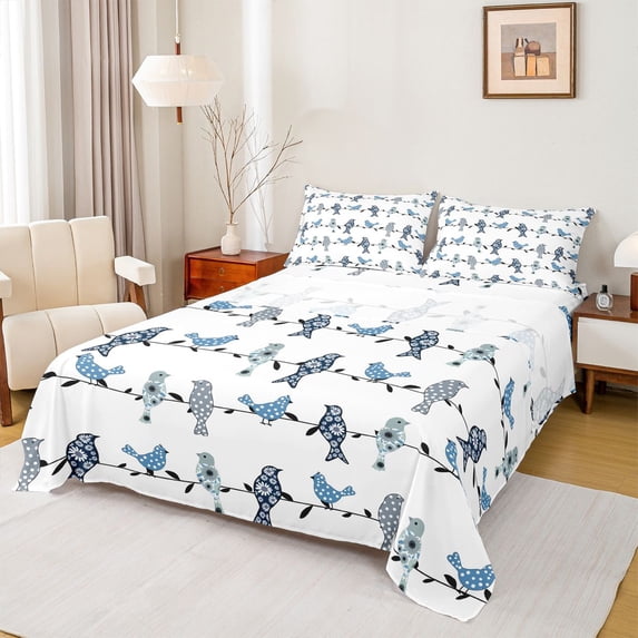 jejeloiu Whimsical Bird Queen Sheets For Men Women,Branch Pattern Queen Sheet Sets,Blue White,4 Pieces,1 Flat Sheet, 1 Fitted Sheet and 2 Pillowcases