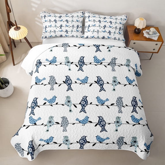 jejeloiu Whimsical Bird Quilt Full For Men Women,Branch Pattern Full Bedspread Sets,Blue White,3 Pieces