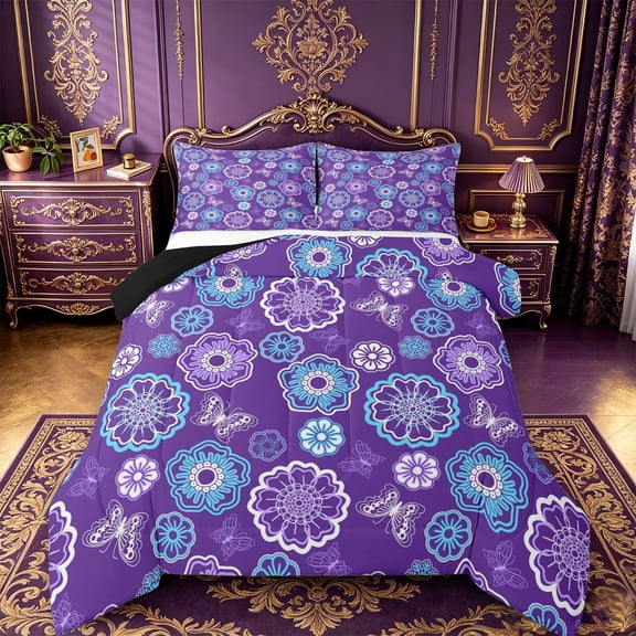 jejeloiu Whimsical Floral Queen Comforter Set For Men Women,Butterfly Pattern Comforter Sets Queen,Purple Blue,Black Reversible,3pcs,1 Comforter and 2 Pillowcases