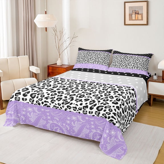 jejeloiu Whimsical Leopard Bed Sheets For Girls,Floral Print Full Size Sheets,Purple Black White,4pcs,1 Flat Sheet, 1 Fitted Sheet and 2 Pillowcases