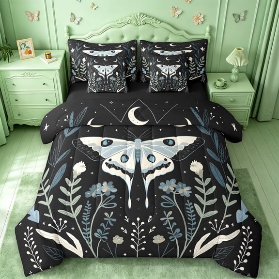 jejeloiu Whimsical Moth 7-Piece Twin Bedding For Girls,Wildflower Pattern Bedding Comforter Set,Black Blue Green,Black Reversible