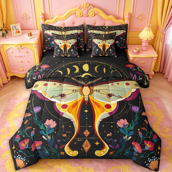 jejeloiu Whimsical Moth 7 Pieces Full Size Bedding Sets For Girls,Celestial Floral Pattern Full Size Bed in a Bag,Black Multi Color,Black Reversible