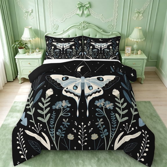 jejeloiu Whimsical Moth Full Size Comforter Sets For Girls,Wildflower Pattern Bedding Comforter Set,Black Blue Green,Black Reversible,3pcs,1 Comforter and 2 Pillowcases
