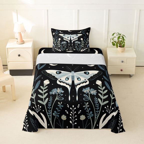 jejeloiu Whimsical Moth Twin Sheets For Girls,Wildflower Pattern Bedding,Black Blue Green,3 Pieces,1 Fitted Sheet and 1 Pillowcase