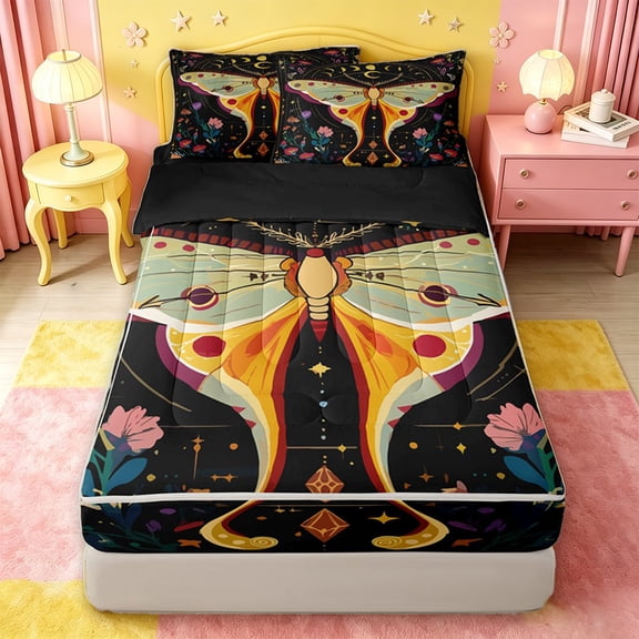 jejeloiu Whimsical Moth Zipper Twin Comforter Sets with Fitted Sheet and 2 Pillowcases For Girls,Celestial Floral Pattern Zipper Bedding Set,Black Multi Color,Black Reversible,4 Pieces