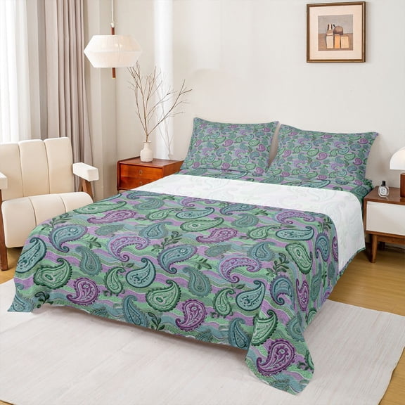 jejeloiu Whimsical Paisley Queen Sheets,Playful Motif Queen Sheet Sets For Adults,Purple Green,4-Piece,1 Flat Sheet, 1 Fitted Sheet and 2 Pillowcases