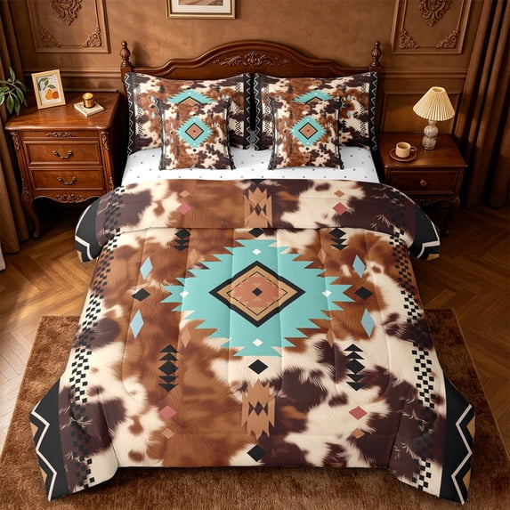 jejeloiu Whimsical Tribal 7 Pieces Full Size Bedding Sets,Artistic Print Full Size Bed in a Bag For Boys,Brown Turquoise,Reversible