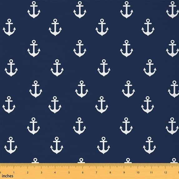 jejeloiu White Anchor Fabric by the Yard 1 Yard, Vintage Nautical Sewing Fabric, Navy Blue White Room Decor Fabric by the Yard, Microfiber Bedroom Decor