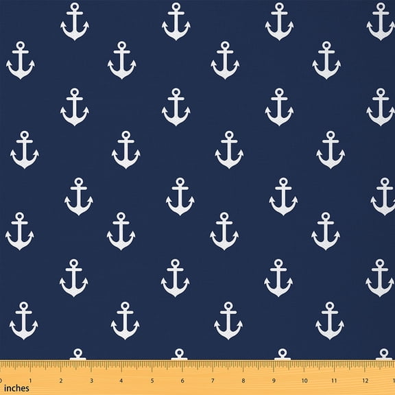 jejeloiu White Anchor Fabric by the Yard 3 Yards, Vintage Nautical Fabric for Sewing, Navy Blue White Home Decor Fabric by the Yard, Microfiber Bedroom Decor