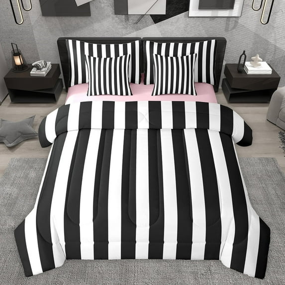 jejeloiu White Black Stripe 7-Piece Twin Bedding Sets,Modern Geometric Line Bedding Comforter Set,Minimaliat Stripes Desgin Sheet Sets For Girls Boys,Super Cozy Room Decor Reversible