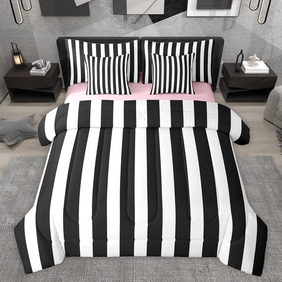 jejeloiu White Black Stripe 7pcs Bedding Comforter Set,Modern Geometric Line Queen Bedding Sets,Minimaliat Stripes Desgin Queen Sheet Sets For Girls Boys,Super Cozy Room Decor Reversible