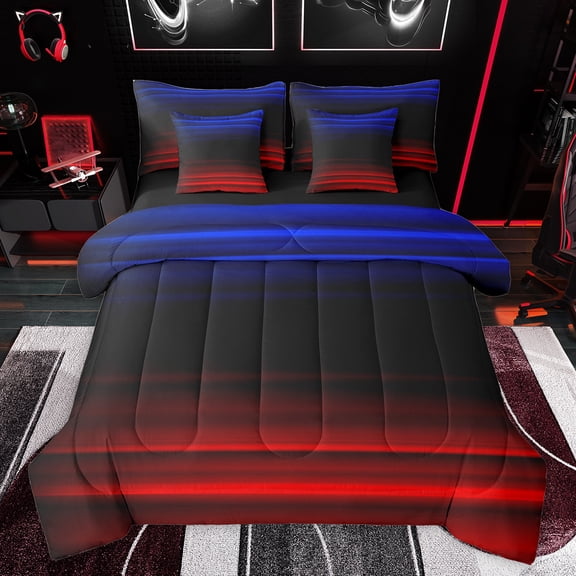 jejeloiu White Black Stripe 7pcs Bedding Comforter Set,Modern Geometric Line Queen Bedding Sets,Red Black Blue Queen Sheet Sets For Girls Boys,Super Cozy Room Decor Reversible