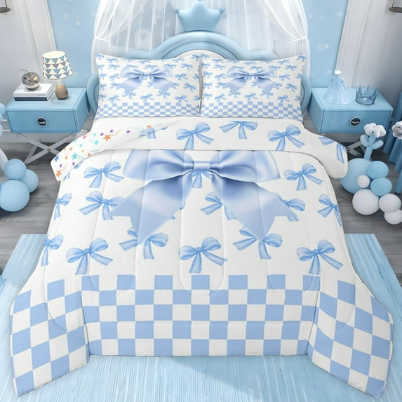 jejeloiu White Blue Twin Comforter Sets,Girls Cute Bowtie Bedding Set For Girls Women Reversible 2-Piece