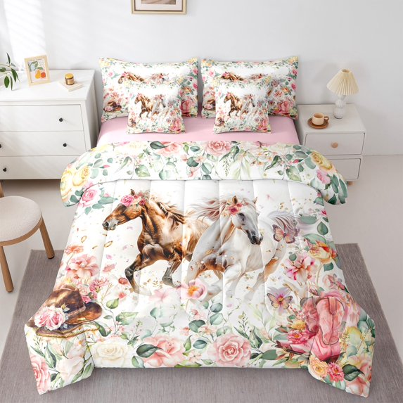 jejeloiu White Brown Horse Bedding Comforter Set 7 Pieces,Western Boots Hats Full Bedding Set,Rustic Flower Floral Fitted Sheet Flat Sheet For Children,Breathable Home Decor Reversible