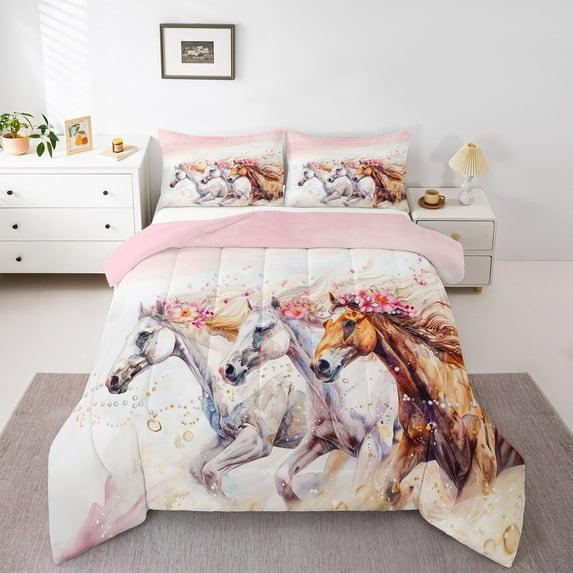 jejeloiu White Brown Horse Full Size Comforter Sets,Rustic Pink Flower Bedding Comforter Set,Retro Farmhouse Lodge Bedding Sets For Children,Breathable Home Decor Reversible,3 Pieces
