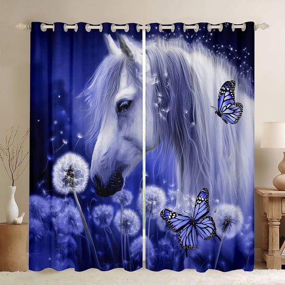 jejeloiu White Horse Blackout Curtains Set of 2 (52x84 Each),Purple Butterflies Window Curtains,Rustic Farmhouse Lodge Curtains and Drapes,Luxury Bedroom Decor