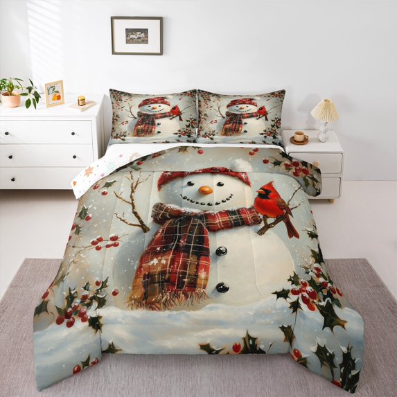 jejeloiu White Red Snowmen Queen Comforter Set,Happy New Year Bedding Sets,Red Xmas Berry Bedding Comforter Set For Children,Super Cozy Room Decor Reversible,3-Piece
