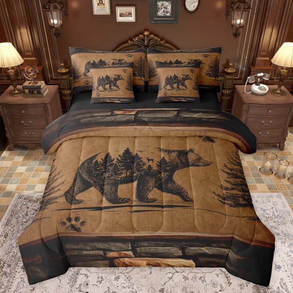 jejeloiu Wild Animal Bear 7-Piece Bedding Comforter Set,Jungle Wildlife King Bedding Sets,Rustic Pine Tree Bed Sheets For Men Women,Ultra Soft Home Decor Reversible