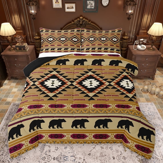 jejeloiu Wild Animal Bear Bedding Comforter Set,Retro Boho Aztre Twin Comforter Sets,Vintage Rhombus Pattern Bedding Set For Adult,Super Cozy Room Decor Reversible,2-Piece