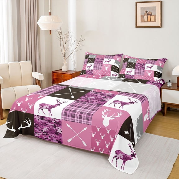 jejeloiu Wild Animal Bear Twin Sheet Sets,Rustic Camo Camouflage Twin Fitted Sheet,Pink White Black Flat Sheet For Boys Kids,Microfiber Bedroom Decor,3 Pieces