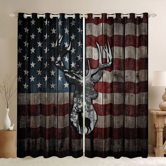 jejeloiu Wild Animal Deer Black Out Curtains,Rustic Farmhouse Cabin Curtains Pack of 2 (42x63 Each),Retro American Flag 03 For Kids
