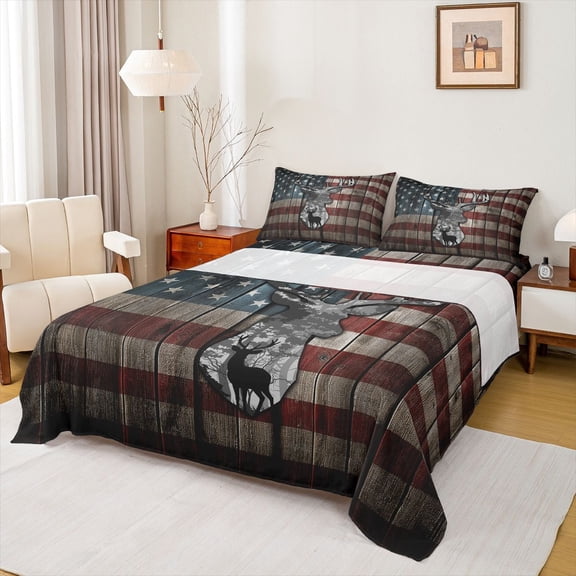 jejeloiu Wild Animal Deer Full Size Sheets,Rustic Farmhouse Cabin Bed Sheets,Retro American Flag 03 For Kids 4pcs