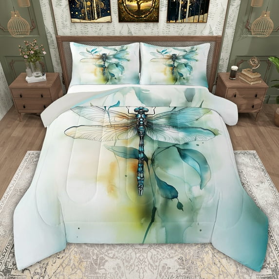 jejeloiu Wild Animal Dragonfly Full Size Comforter Sets,White Cyan Bedding Sets For Girls Kids Reversible 3-Piece