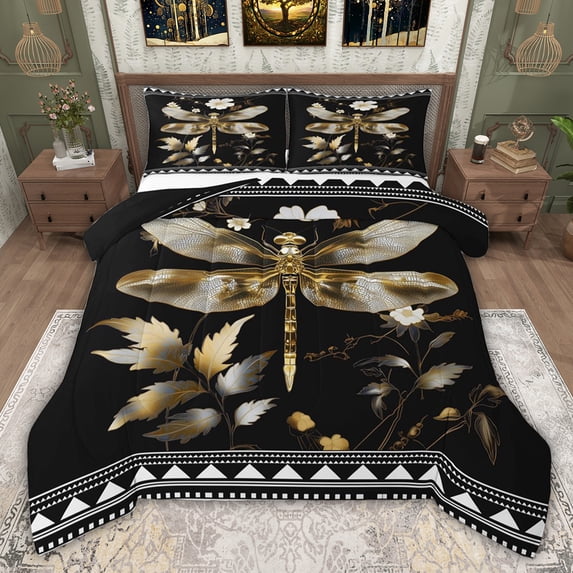 jejeloiu Wild Animal Dragonfly Queen Comforter Set,Retro Rustic Leaves Bedding Comforter Set For Girls Kids Reversible 3-Piece