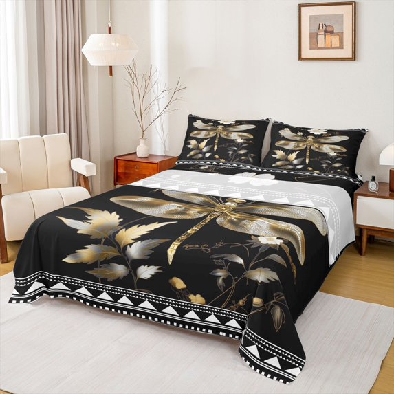 jejeloiu Wild Animal Dragonfly Queen Sheet Sets,Retro Rustic Leaves Bed Set For Girls Kids 4-Piece