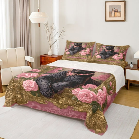 jejeloiu Wild Animal Leopard Twin Sheet Sets,Pink Flowers Twin Fitted Sheet,Gold Vintage Damask Flat Sheet For Girls,Microfiber Bedroom Decor,3-Piece