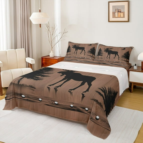 jejeloiu Wild Animal Moose Twin Sheet Sets,Old Wodden Board Twin Fitted Sheet,Rainforst Plant Pine Flat Sheet For Boys Girls,Breathable Home Decor,3 Pieces
