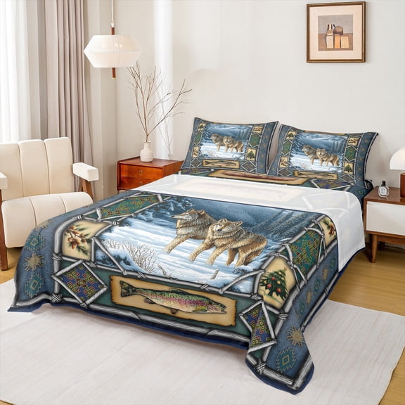 jejeloiu Wolf Pike Fish King 4-Piece Reversible Adult Christmas Ultra Soft Wildlife Sheet Set