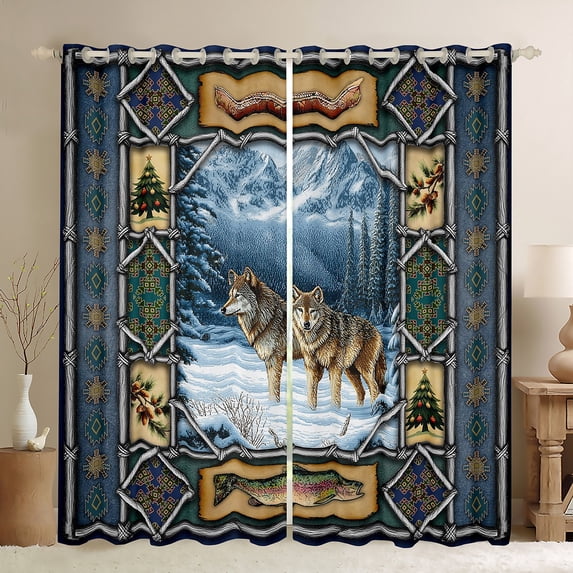 jejeloiu Wild Animal Wolves Black Out Curtains,Cartoon Christmas Tree Curtains Pack of 2 (42x63 Each),Rustic Pike Fish Bedroom Curtains For Men Women,Ultra Soft Home Decor