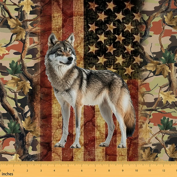 jejeloiu Wild Animal Wolves Fabric by the Yard 3 Yards,Vintage American Flag Sewing Fabric,Retro Camouflage Maples Fabric for Sewing For Children,Microfiber Bedroom Decor
