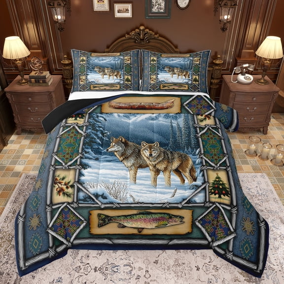 jejeloiu Wild Animal Wolves Full Size Comforter Sets,Cartoon Christmas Tree Bedding Comforter Set,Rustic Pike Fish Bedding Sets For Men Women,Ultra Soft Home Decor Reversible,3pcs