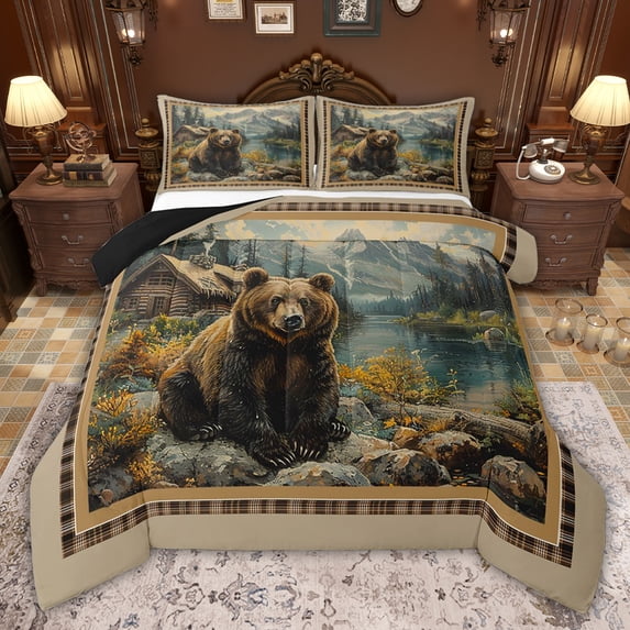 jejeloiu Wild Animals Bear Queen Comforter Set,Rustic Farmhouse Bedding Comforter Set For Men Women Reversible 3-Piece
