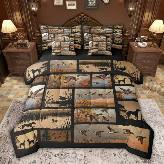 jejeloiu Wild Animals Mallard 7-Piece Twin Bedding Sets,Retro Rustic Duck Bedding Comforter Set For Men Women Reversible