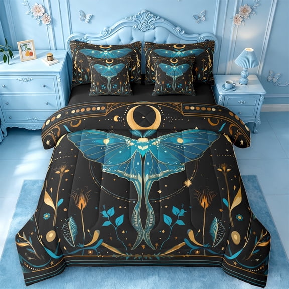 jejeloiu Wild Animals Moth 7-Piece Twin Bedding For Girls,Bohemian Exotic Style Bedding Comforter Set,Black Teal Gold,Black Reversible