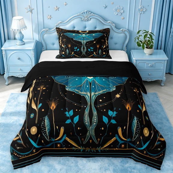 jejeloiu Wild Animals Moth Twin Comforter Sets For Girls,Bohemian Exotic Style Bedding Set,Black Teal Gold,Black Reversible,2 Pieces,1 Comforter and 1 Pillowcase