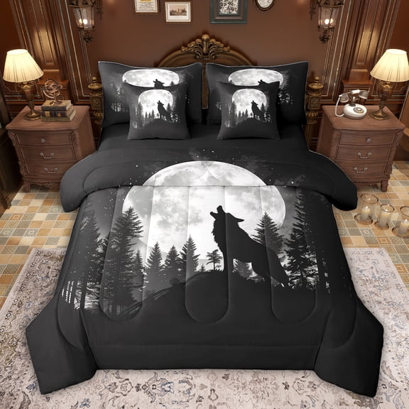 jejeloiu Wild Animals Wolves 7-Piece Twin Bedding Sets,White Black Bedding Comforter Set For Men Women Reversible
