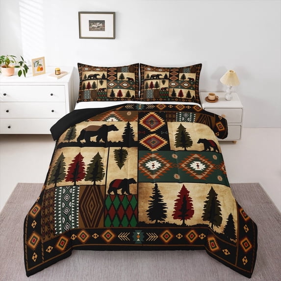jejeloiu Wild Bear Bedding Comforter Set,Jungle Animal Twin Comforter Sets,Retro Aztec Geometric Bedding Set For Boys,Microfiber Bedroom Decor Reversible,2-Piece