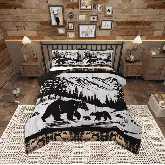 jejeloiu Wild Bear Bedding Comforter Set,Jungle Animal Twin Comforter Sets,Snow Mountain Pine Bedding Set For Teens,Ultra Soft Home Decor Reversible,2-Piece